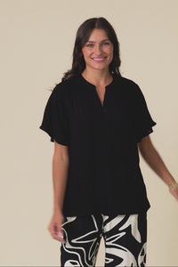 Ponny Black Linen Blend Button Top,Video