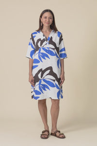 Lisbon Blue Leaf Linen Collared Dress,Video