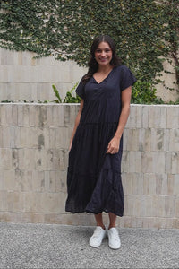 Nona Navy Crinkle Cotton Maxi Dress,Video