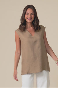 Roxie Mocha Linen Blend V Neck Tank