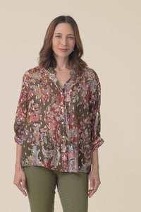 Carleen Red Flower Foil Button Top,Video