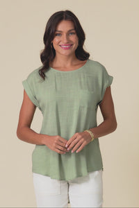 Aiden Sage Linen Blend Pocket Top,Video