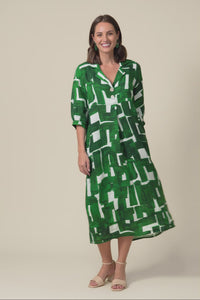 Daria Green Geo Linen Collared Dress,Video