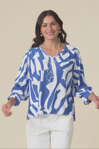 Lourdes Blue Geo Frill Sleeve Top,Video