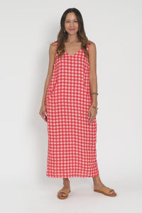 Lisa Red Check Linen Pocket Dress,Video