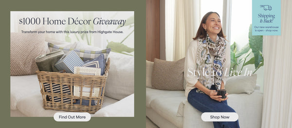 Two side-by-side promotional images: a gift basket with text about a $100 home decor giveaway, and a brunette woman in a cozy outfit beside the text “Style to Live In” with a shipping update icon announcing the new warehouse is open.