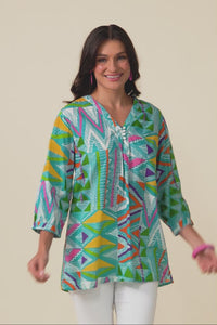 Derine Aqua Abstract Cotton Button Top,Video
