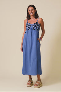 Essen Cobalt Cotton Poplin Embroidered Dress,Video