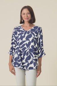 Riveria Navy Leaf V Neck Top,Video