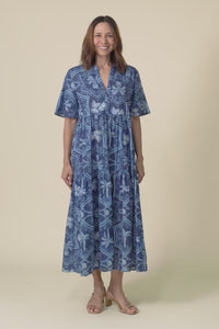 Jasira Blue Palm Cotton Tiered Dress,video