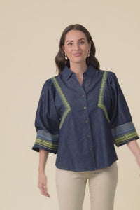 Stiles Blue Denim Puff Sleeve Top,Video