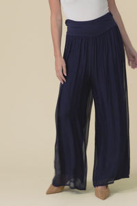 Laurier Navy Silk Wide Leg Pants,Video