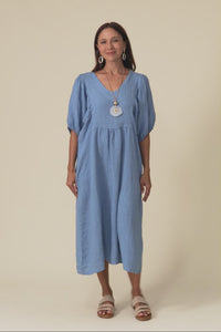 Claudine Steel Linen Pocket Dress,Video