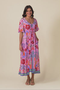 Jennifer Pink Tropical Flutter Sleeve Dress,Video