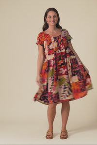 Hanoi Red Mosaic Cotton Blend Dress,Video