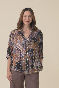 Carleen Navy Flower Foil Button Top,Video