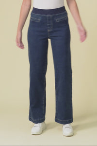 Maddy Dark Blue Straight Leg Jeans,Brunette model,alt text|model:Pilita
