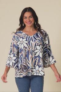 Janelle Blue Abstract V Neck Top,Video