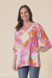 Diona Pink Watercolour Frill Sleeve Top,Video