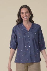 Farrow Navy Nautical Cotton Pleated Blouse,Video