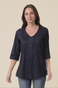 Fia Navy Sleeved Crinkle Cotton Top,Video