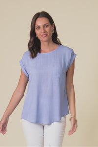 Aiden Blue Linen Blend Pocket Top,Video