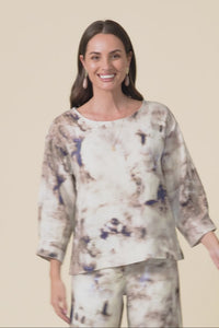 Saloma Taupe Abstract Linen Scoop Neck Top,Video