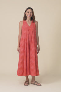 Aleta Orange Check Cotton Sleeveless Dress,Video