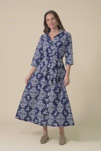 Acala Navy Cotton Embroidered Dress,video