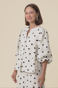 Teya Beige Spot Linen Puff Sleeve Blouse,Video