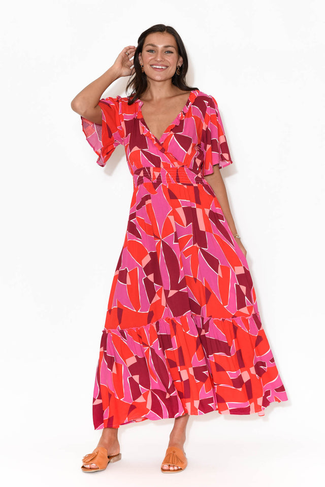 Avenly Pink Abstract Frill V Neck Dress image 2