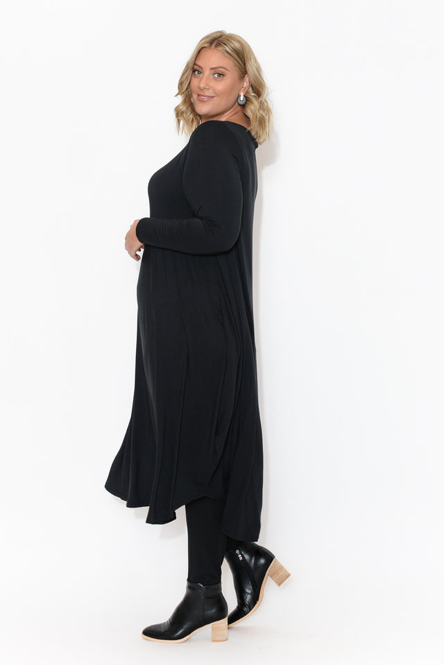 Black Long Sleeved Micro Modal Drape Dress image 9