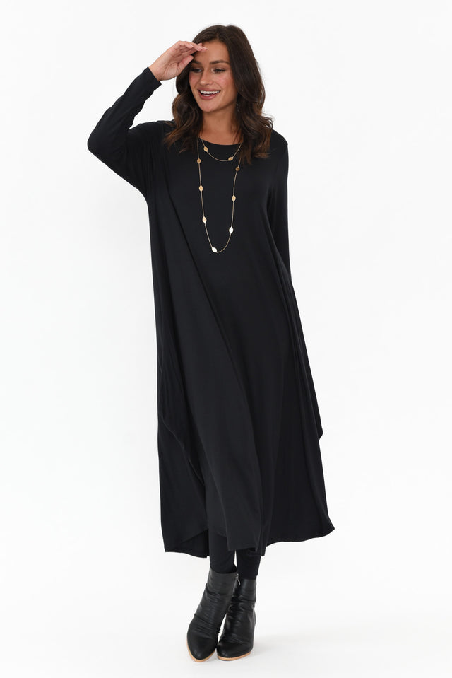 Black Long Sleeved Micro Modal Drape Dress image 6