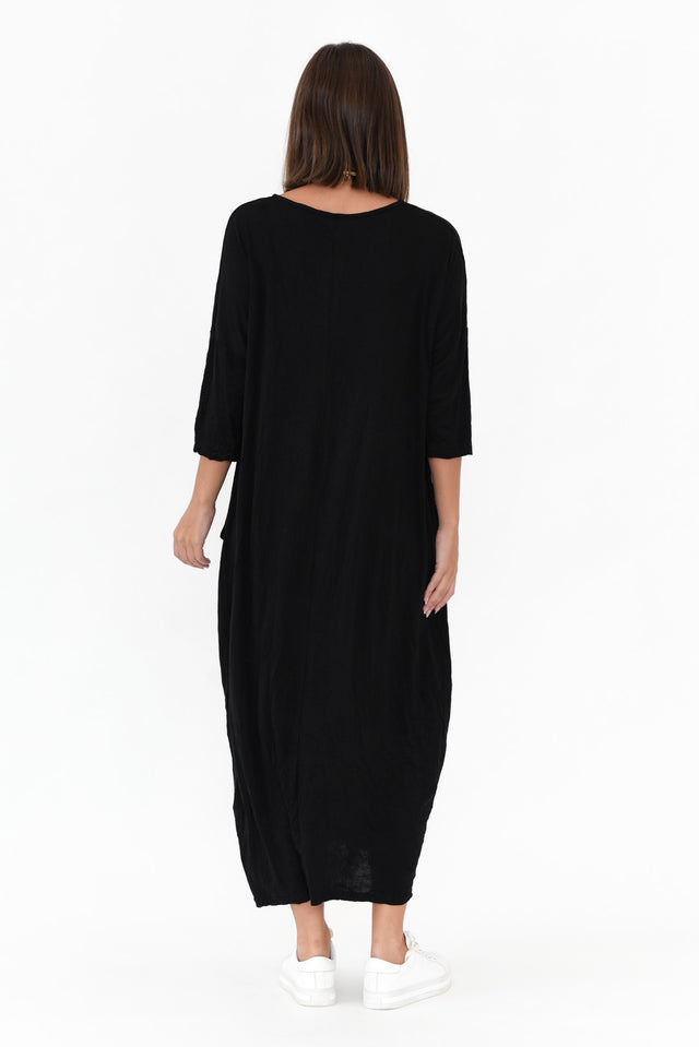 Black Sleeved Pocket Crinkle Cotton Dress