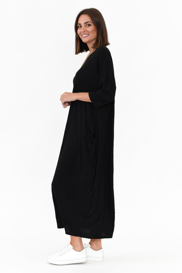 Black Sleeved Pocket Crinkle Cotton Dress