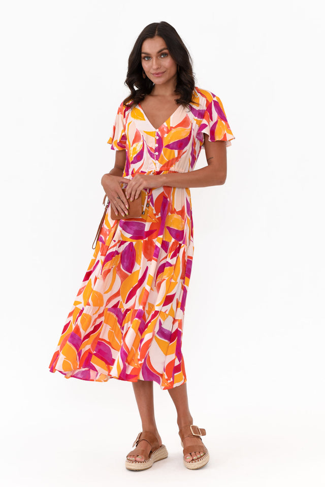 Dahlia Orange Abstract V Neck Dress   image 1