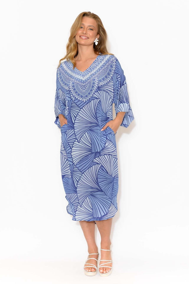 Fiona Blue Geometric Silk Tie Waist Dress
