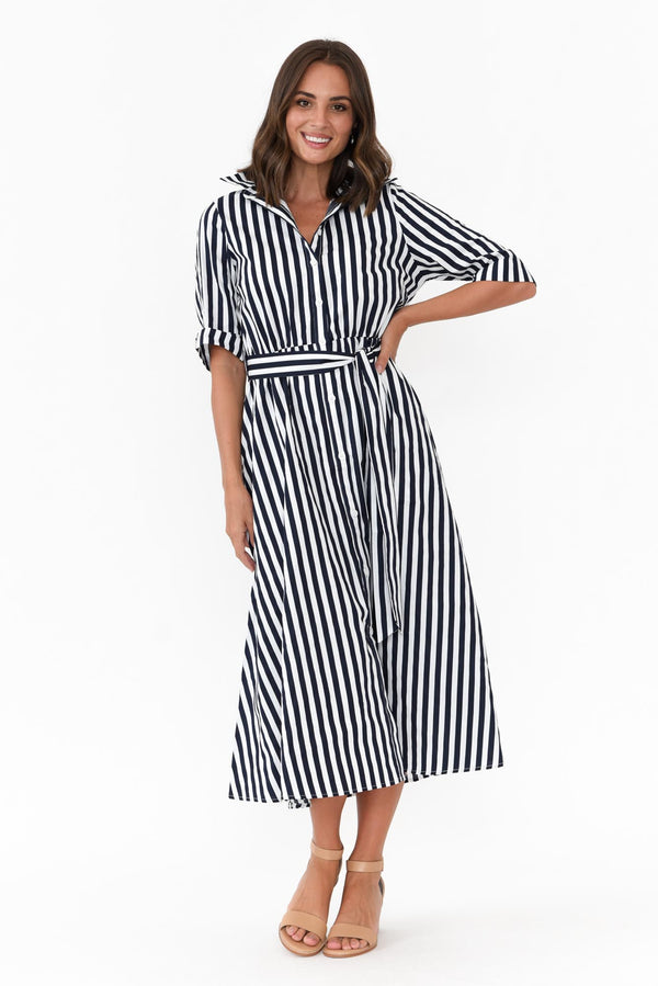 Pinstripe Button Tie Waist Dress