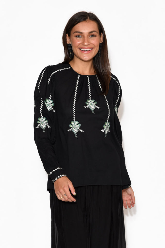 Grove Black Embroidered Bishop Sleeve Top thumbnail 1