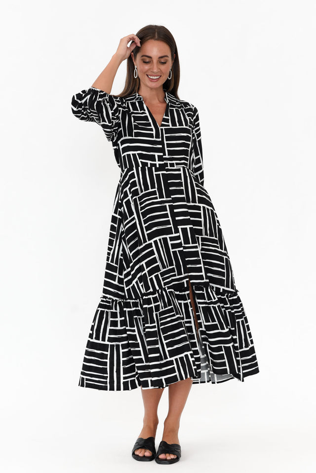 Imari Black Stripe Collared Dress thumbnail 1