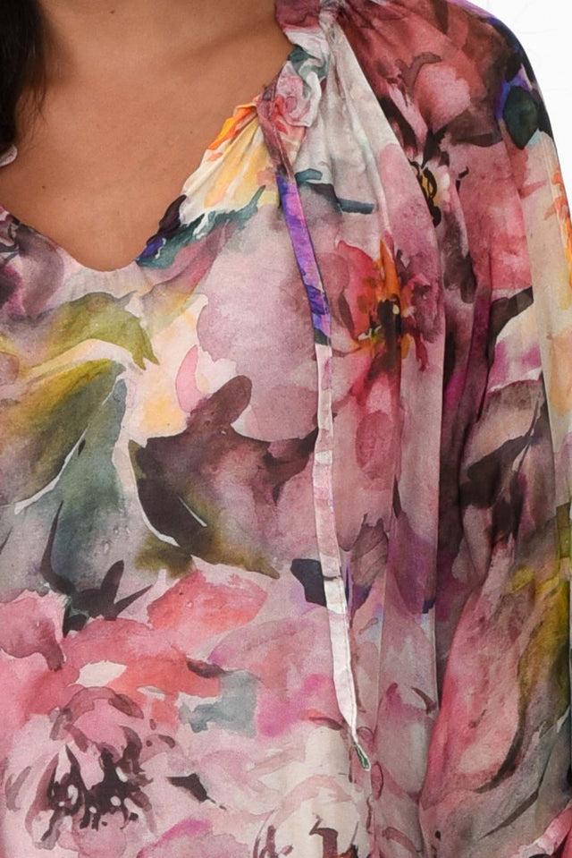 James Pink Blossom Front Tie Silk Top