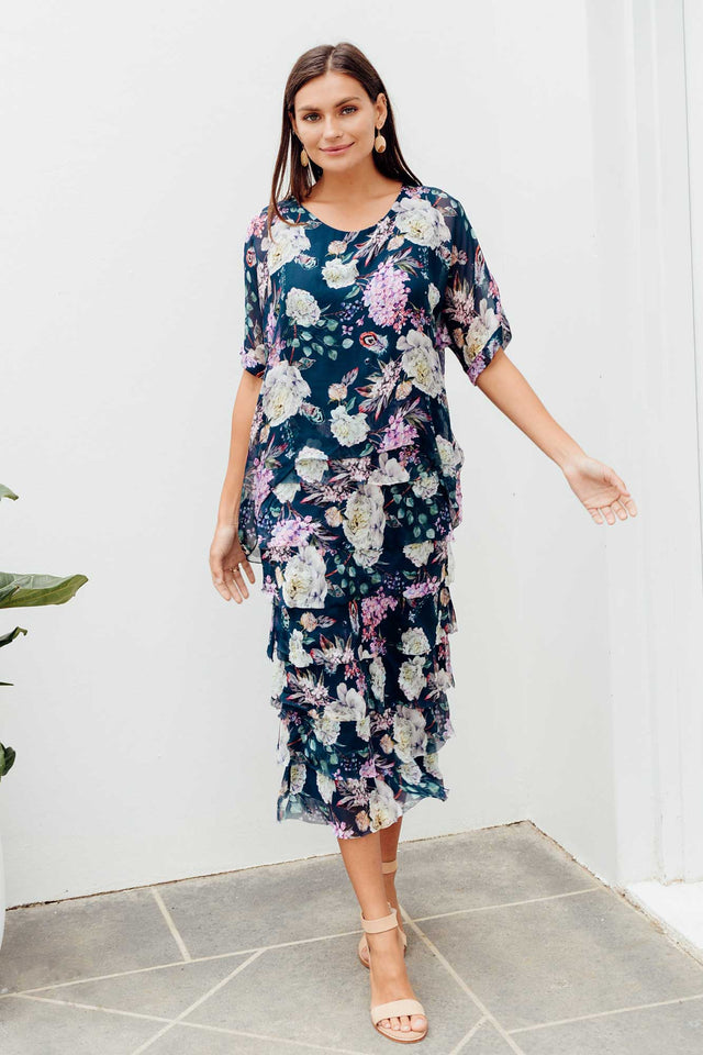 Katerina Navy Floral Silk Overlay Maxi Dress