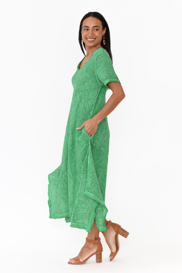 Lacasa Green Linen Frayed Dress thumbnail 4