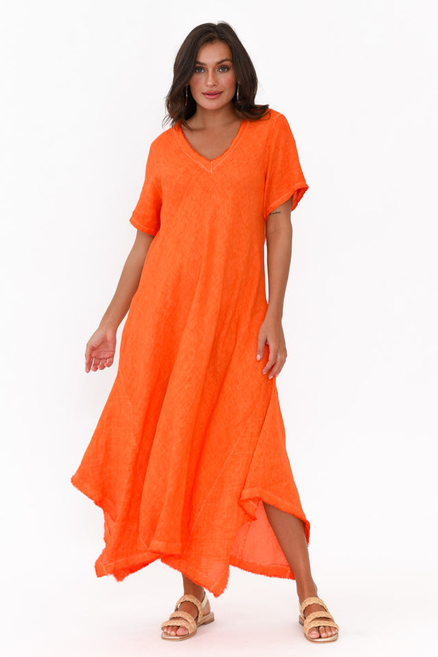 Lacasa Orange Linen Frayed Dress  