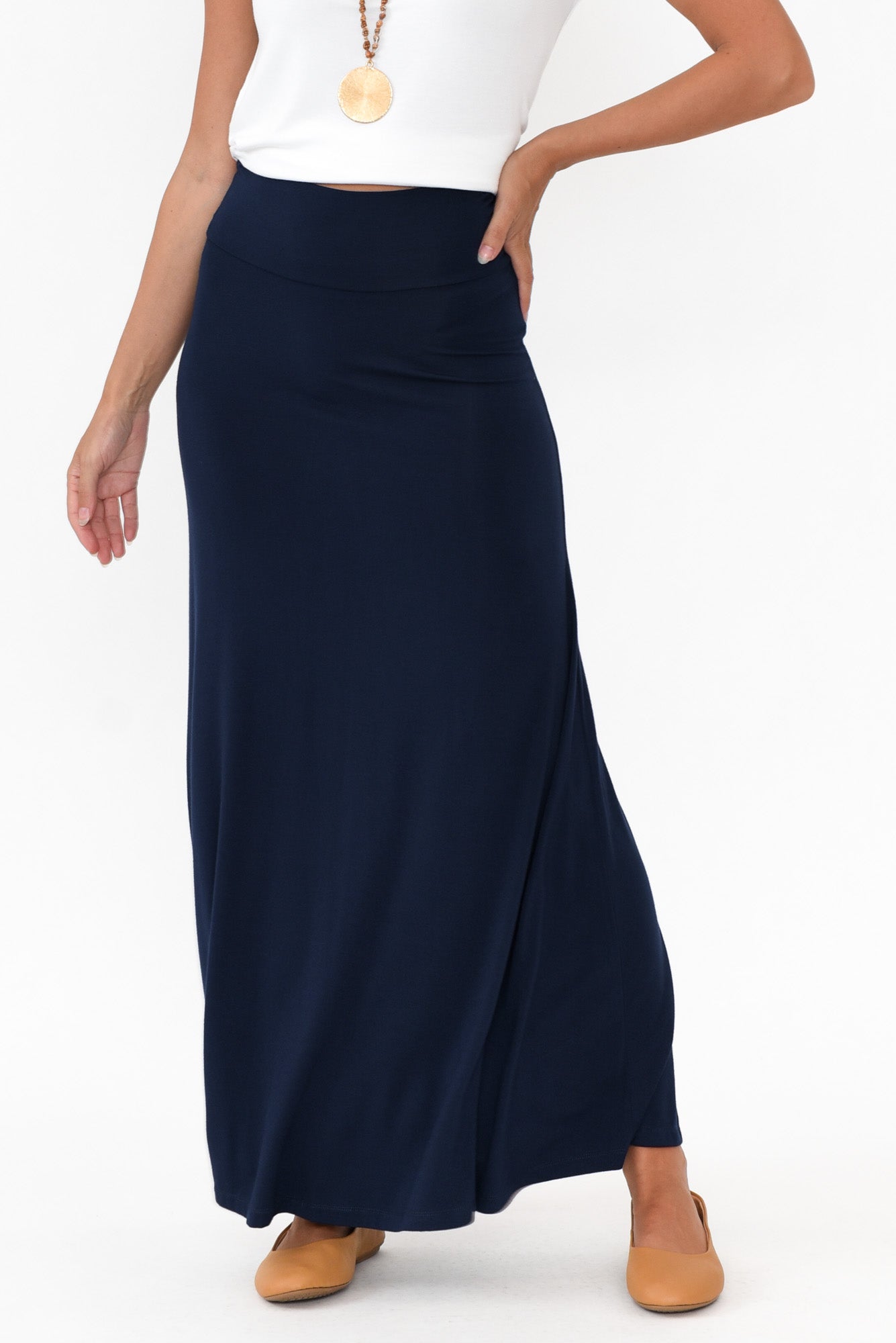 Navy Blue Polyester-Rayon high waisted midi pencil Skirt | Sumissura