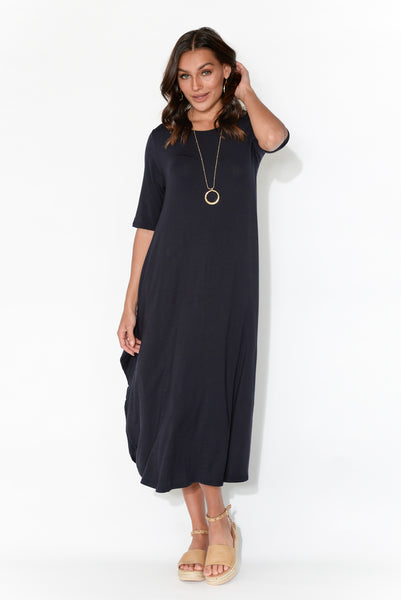 Navy Micro Modal Tri Drape Dress - Blue Bungalow