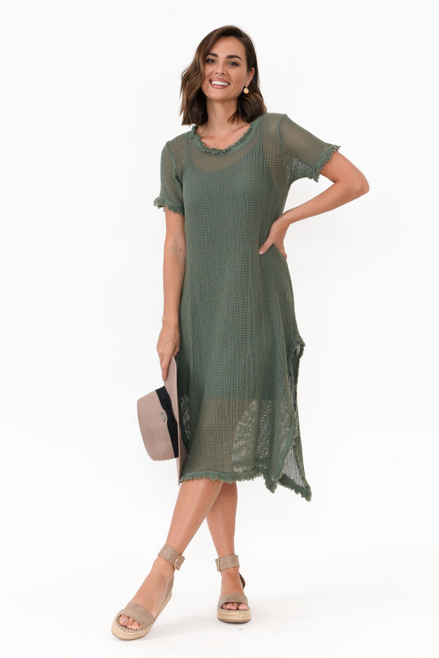 Nessy Khaki Cotton Woven Frayed Dress   alt text|model:MJ;wearing:One Size image 1