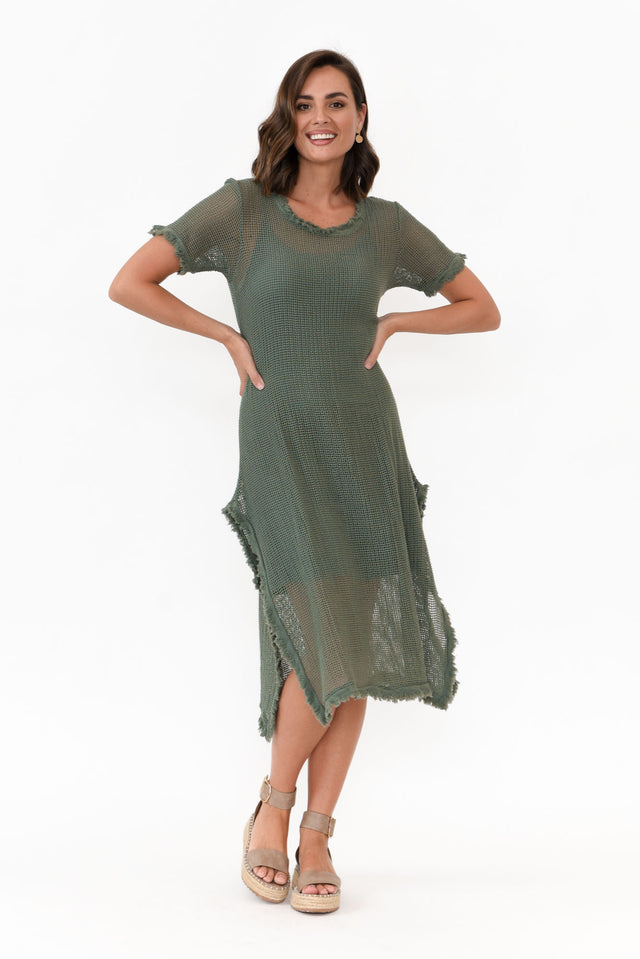 Nessy Khaki Cotton Woven Frayed Dress image 2