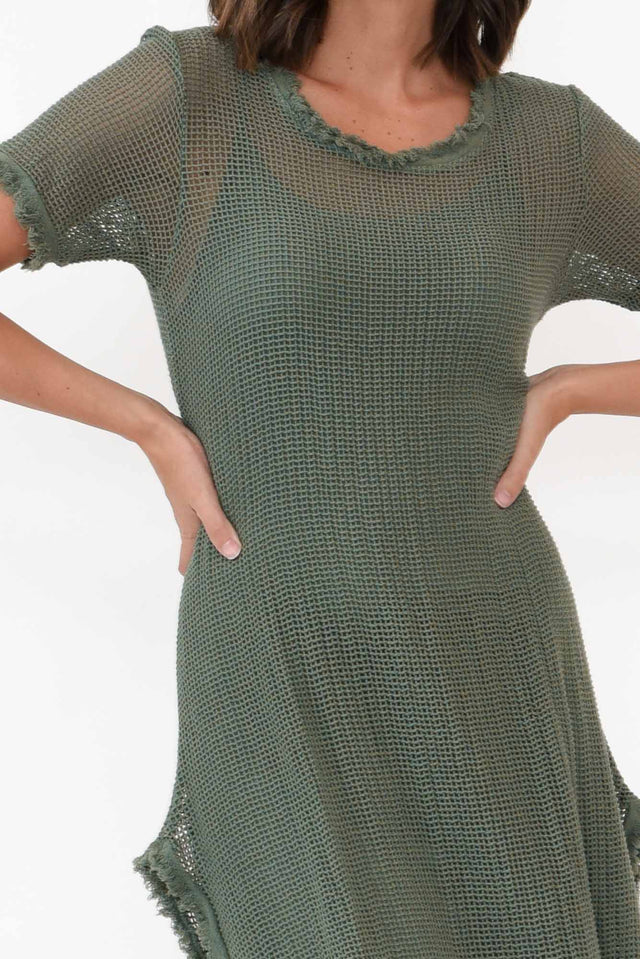 Nessy Khaki Cotton Woven Frayed Dress image 3