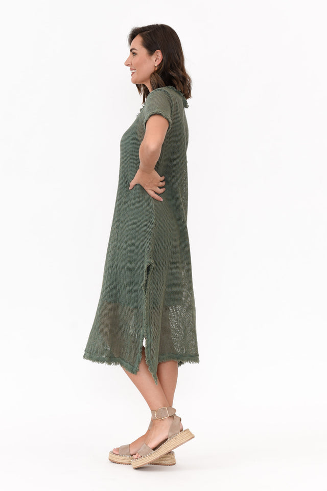 Nessy Khaki Cotton Woven Frayed Dress image 4
